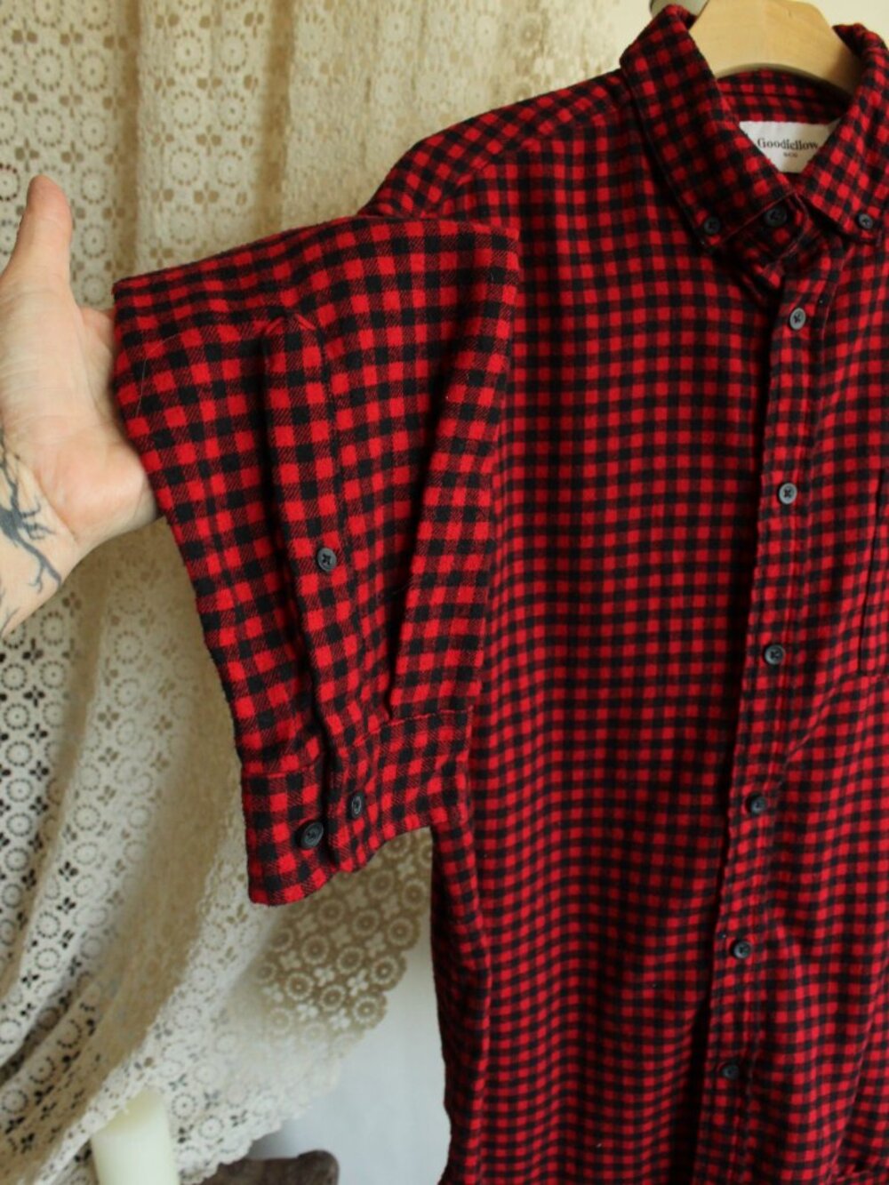 Goodfellow & Co Mens, Size L, Red & Black Plaid Button-Up Flannel Shirt - Picture 6 of 10